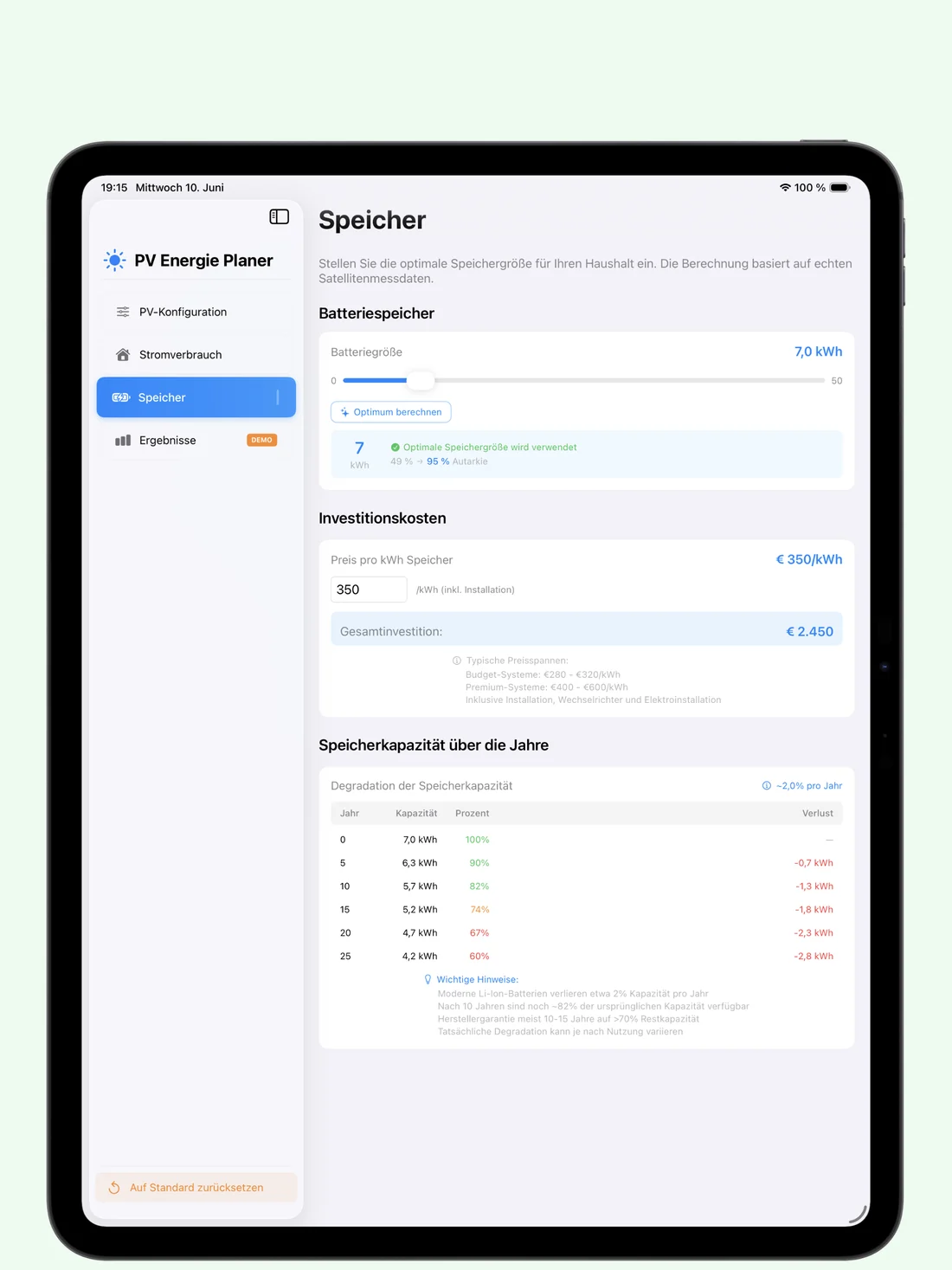 PV Energy Planner – Batteriespeicher