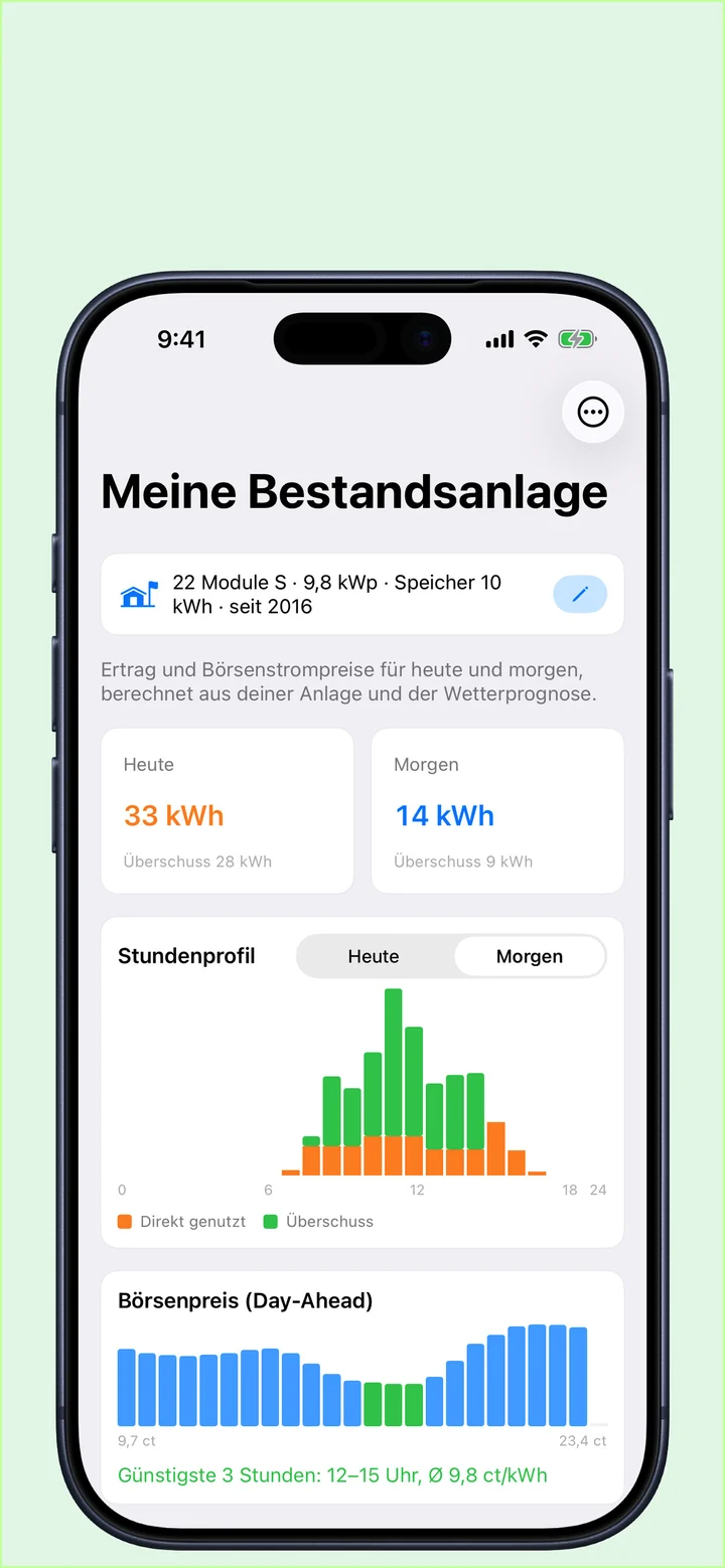 iPhone mit Ertragsprognose und Börsenstrompreisen für eine bestehende PV-Anlage