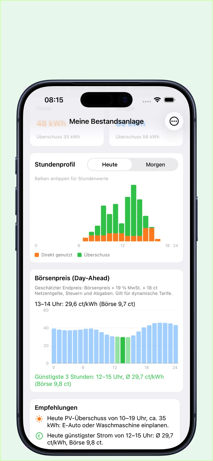 iPhone mit Stundenprofilen für die direkte Nutzung und den Überschuss