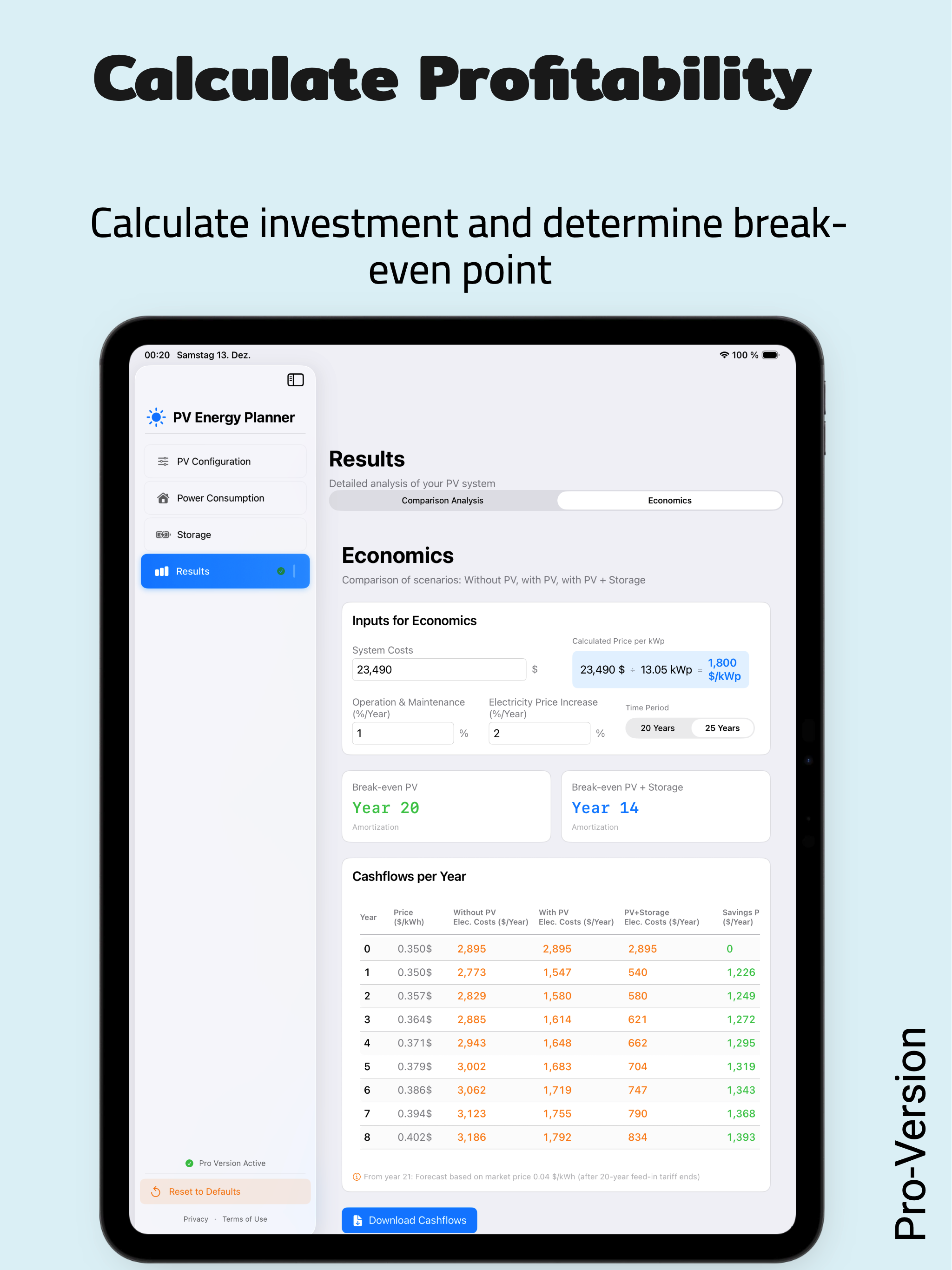 PV Energy Planner iPad: Profitability