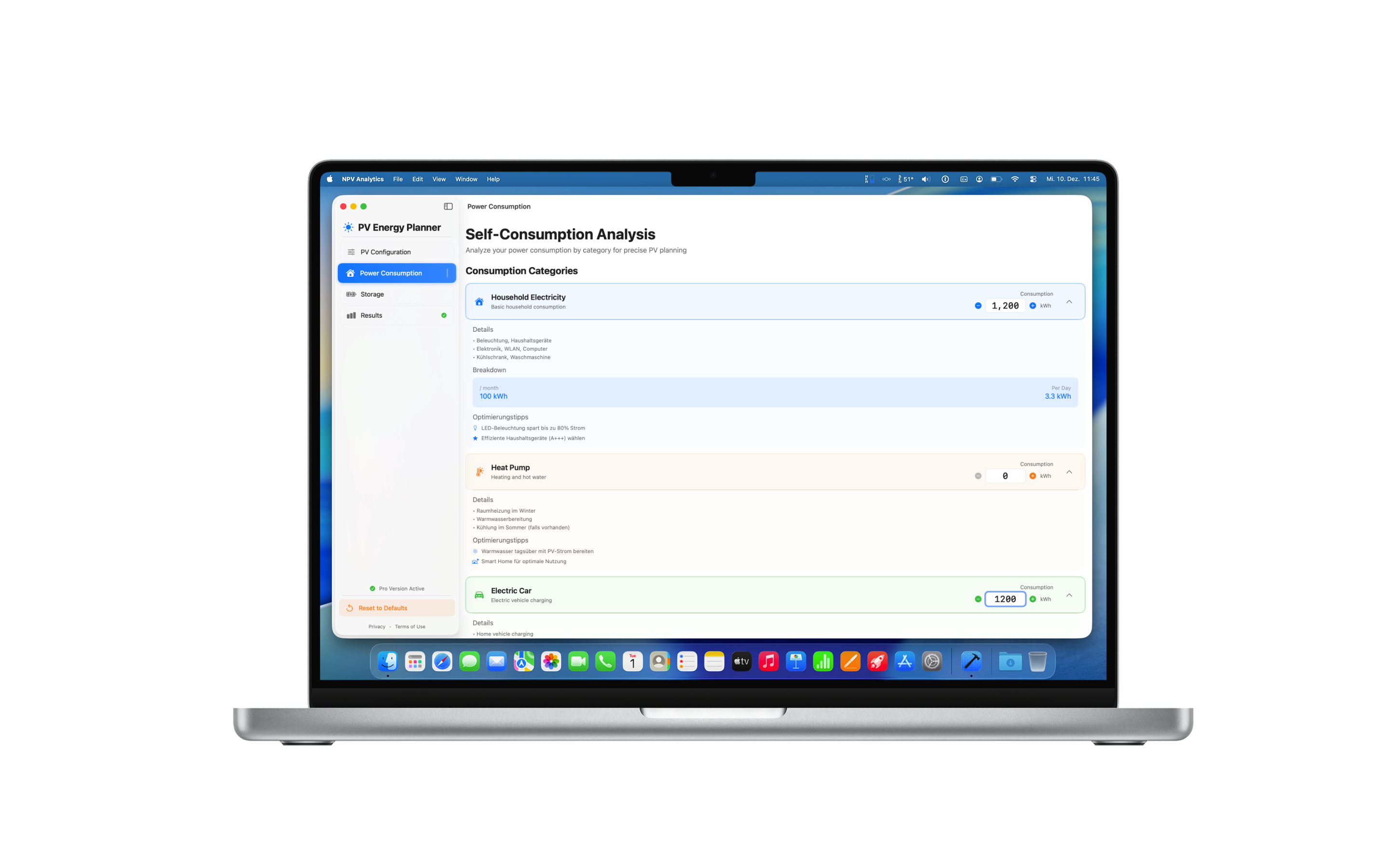 PV Energy Planner MacBook: Consumption Settings