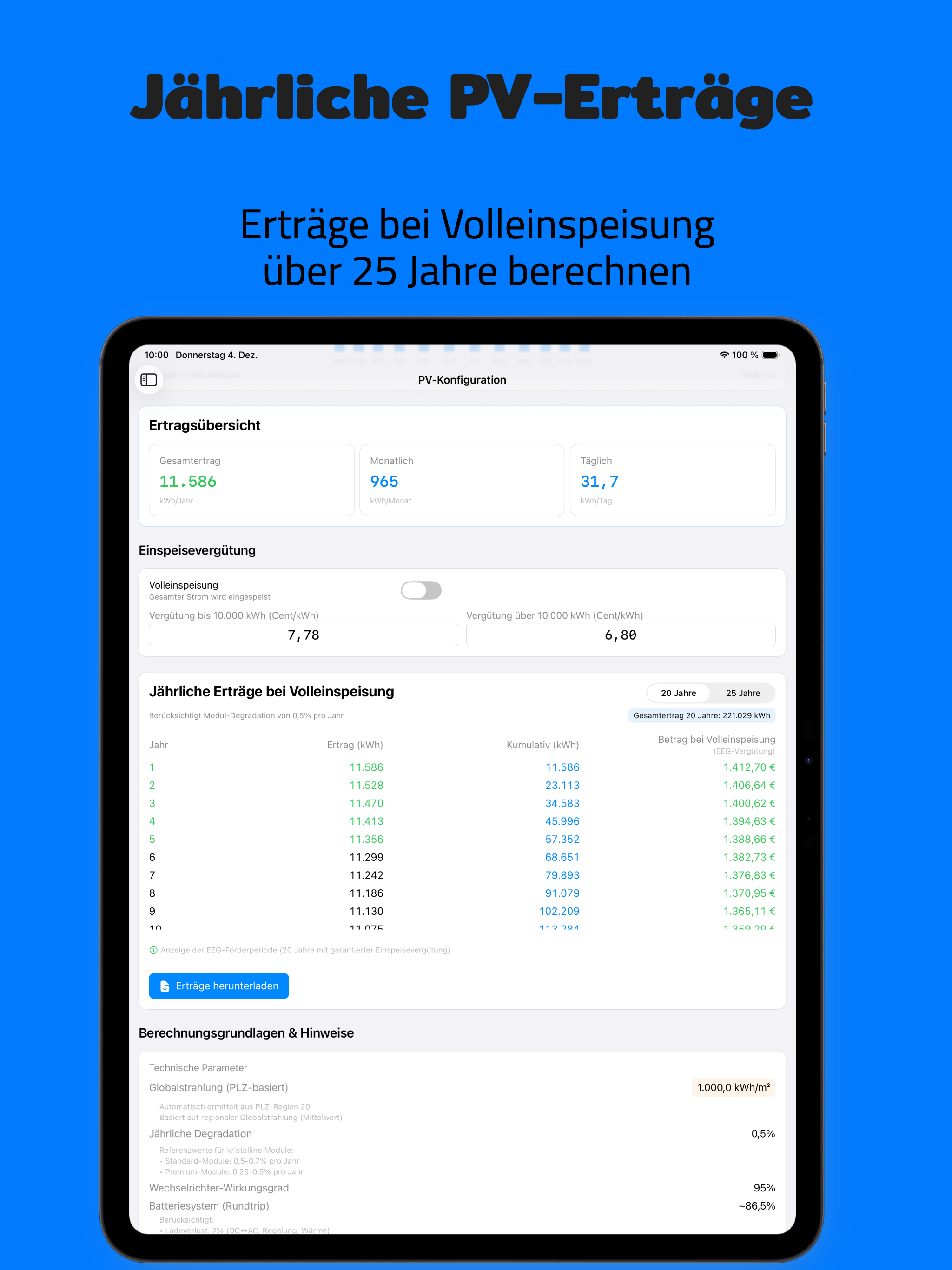 PV Energy Planner iPad: Moduleinstellungen