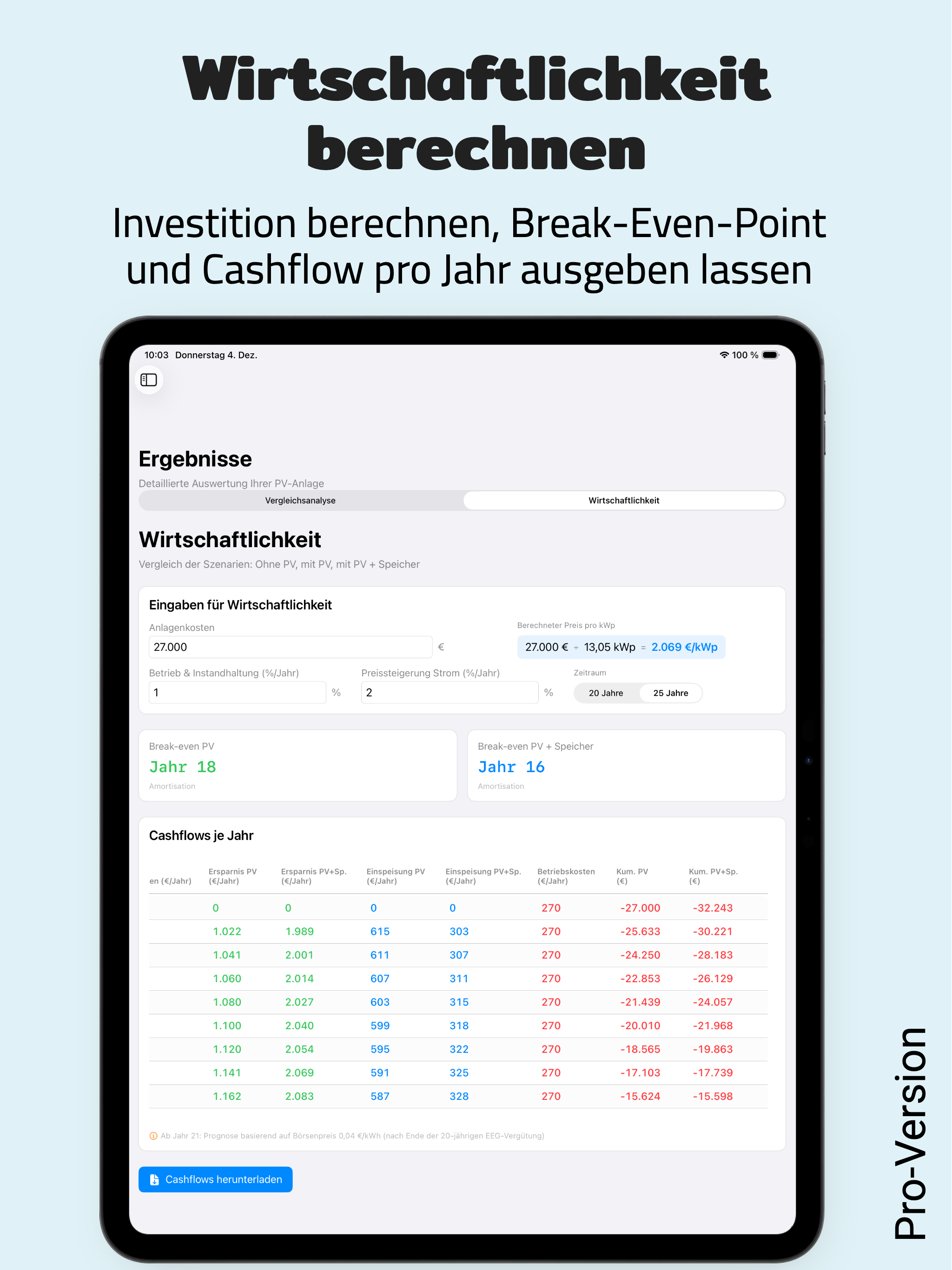 PV Energy Planner iPad: Wirtschaftlichkeit
