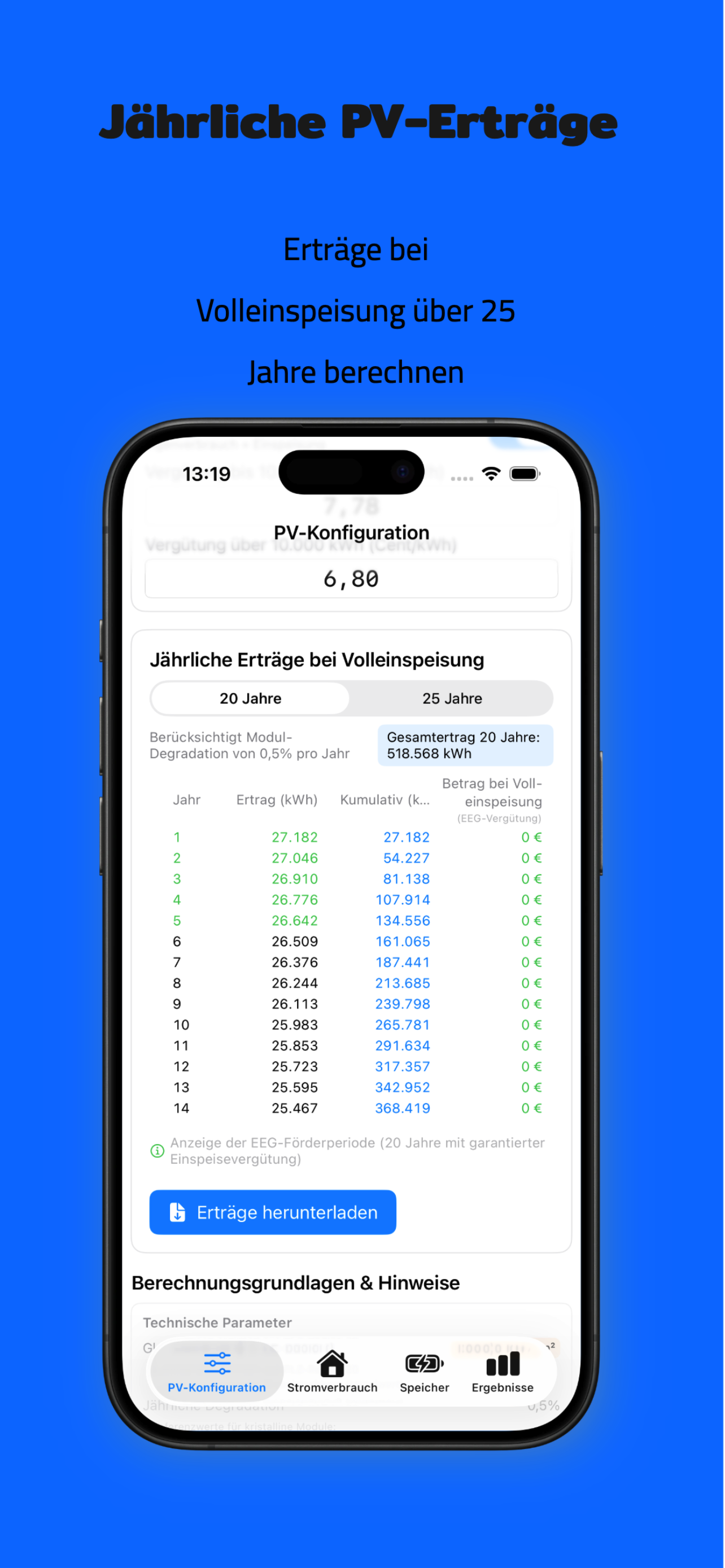 PV Energy Planner iPhone: Moduleinstellungen