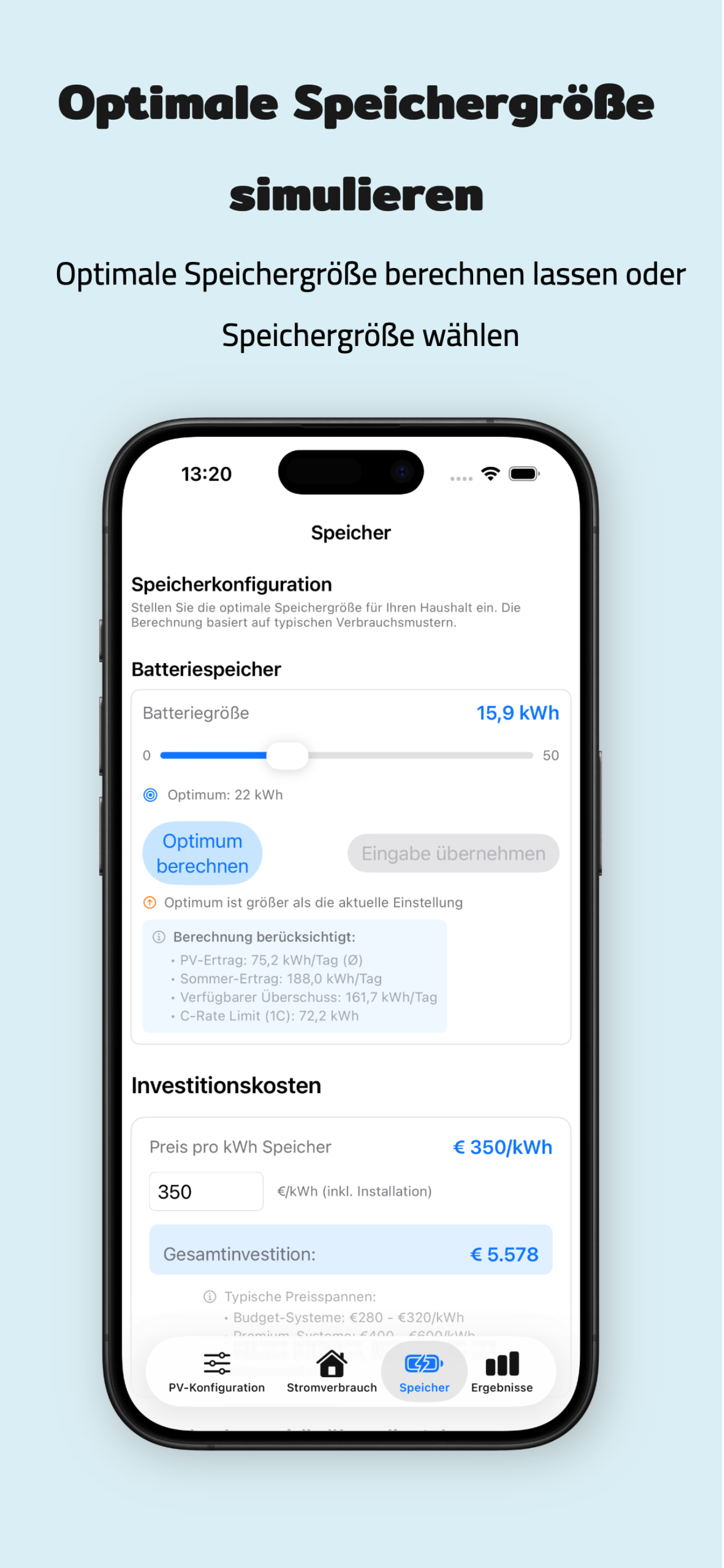PV Energy Planner iPhone: Ergebnisübersicht