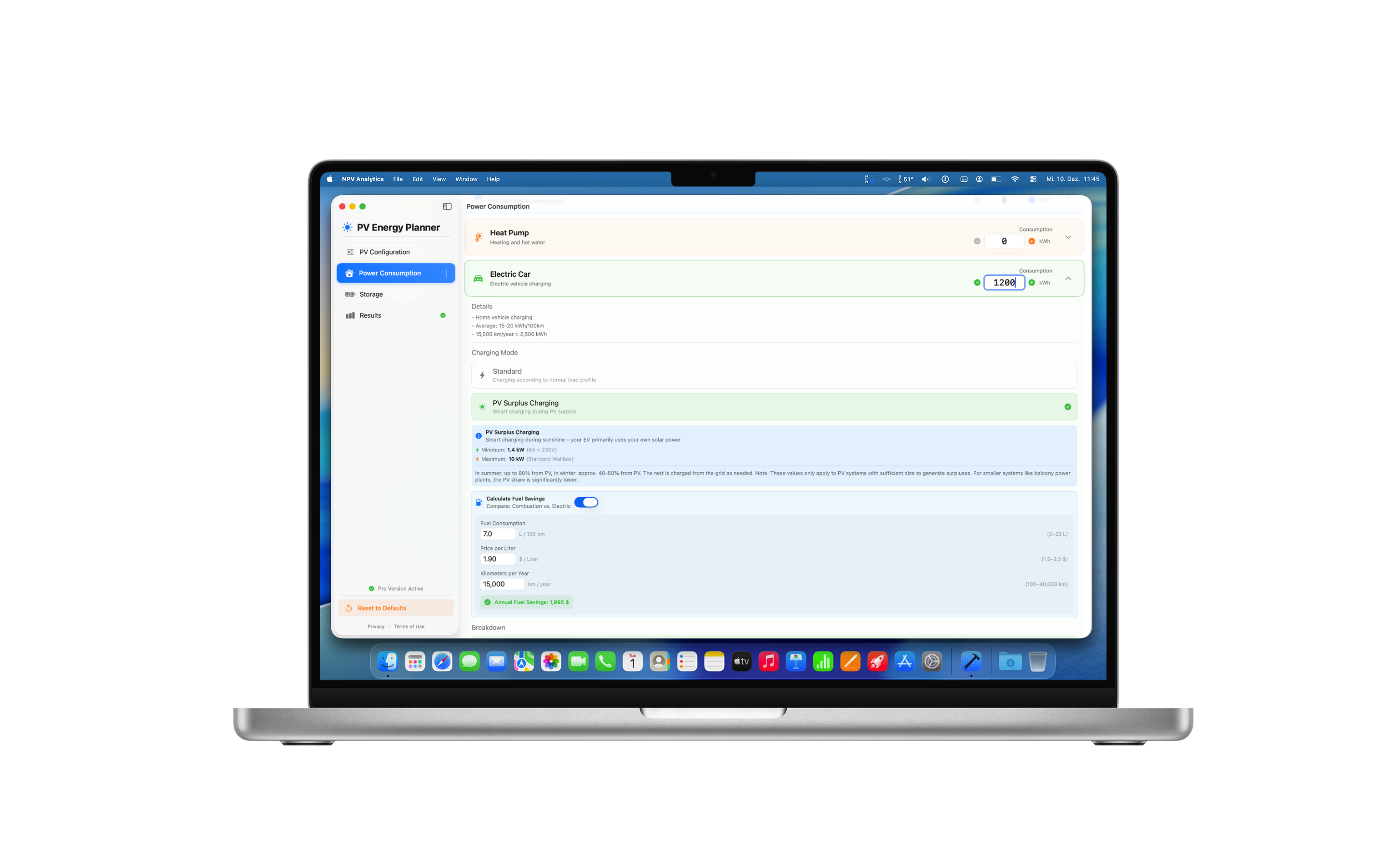 PV Energy Planner MacBook: Speicher-Optionen