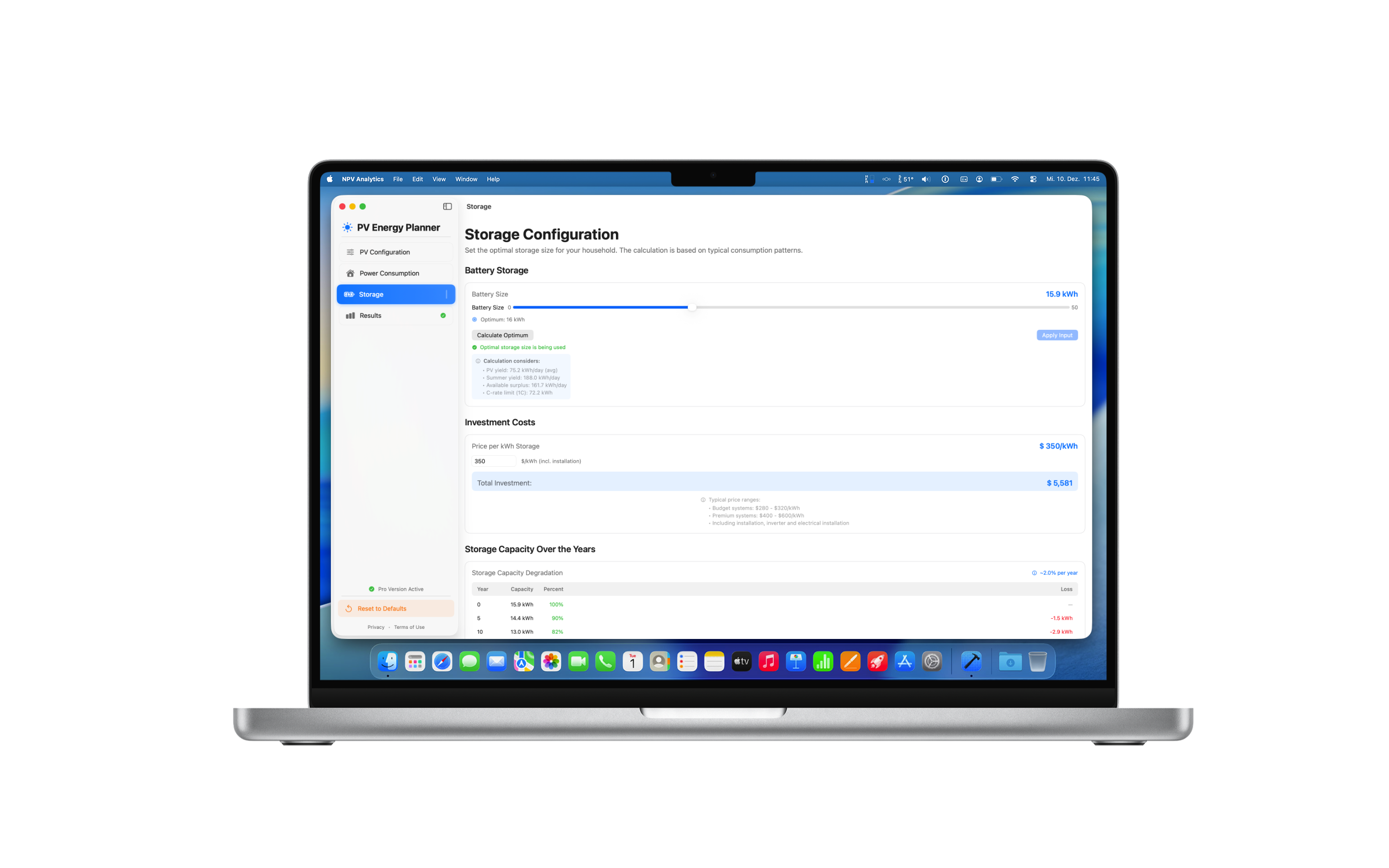 PV Energy Planner MacBook: Analyse-Charts