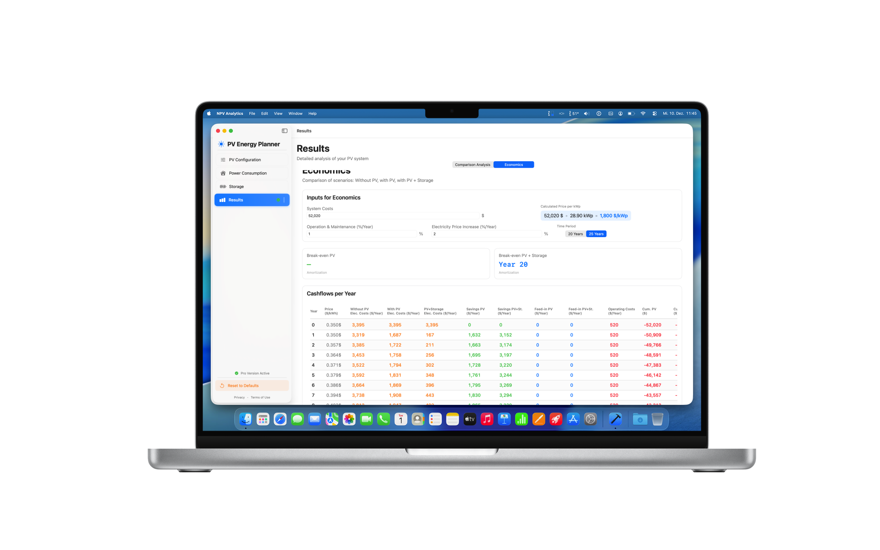 PV Energy Planner MacBook: Finanzübersicht